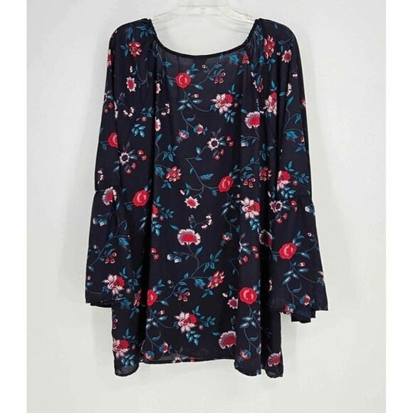 Faded Glory Boho Chic Flared Sleeve Blue Floral Glitter Lace Up Neck Top 3X - Picture 2 of 4